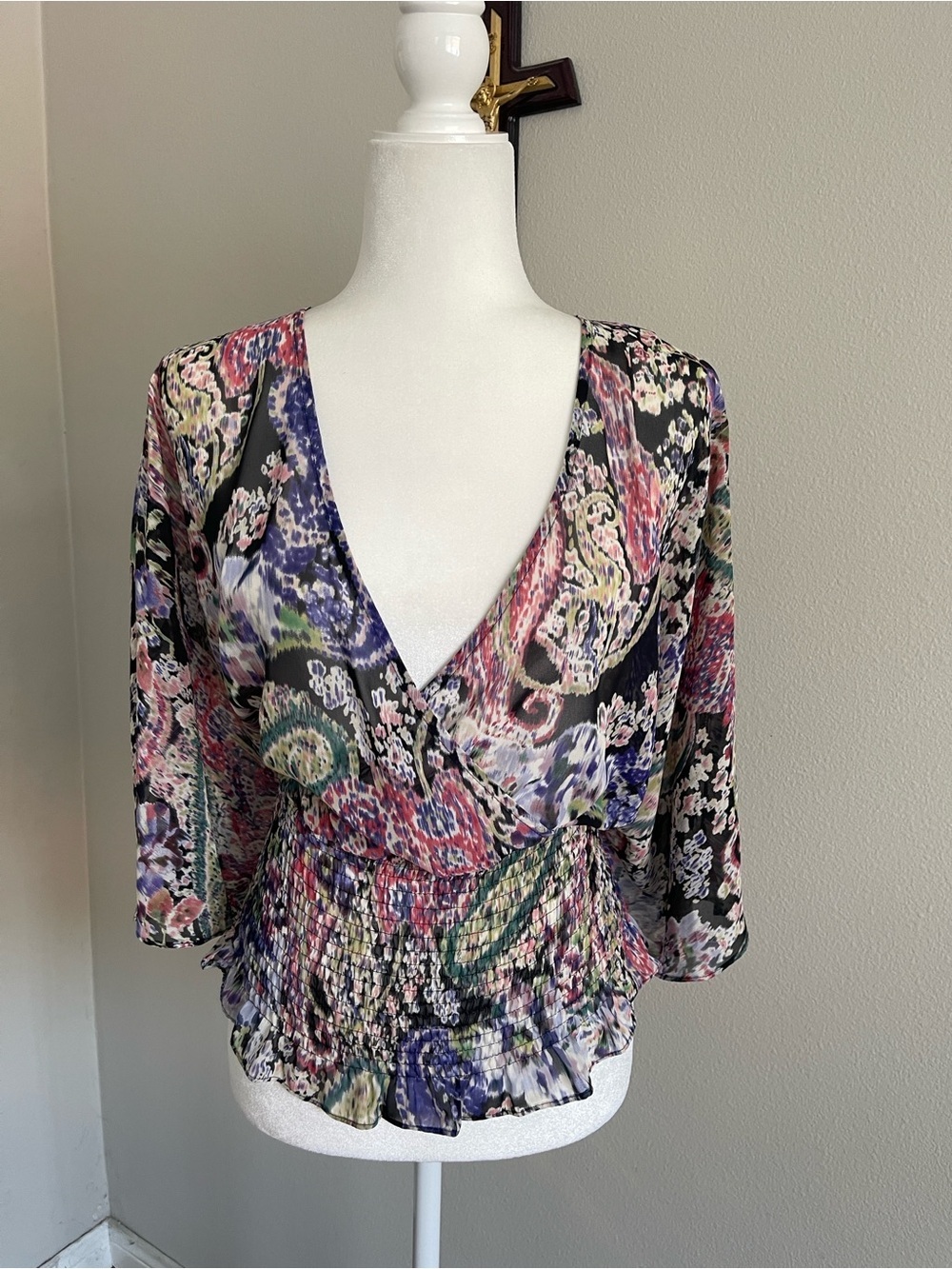 Bisou Bisou Black Multicolor Floral Surplice Smocked Waist Blouse